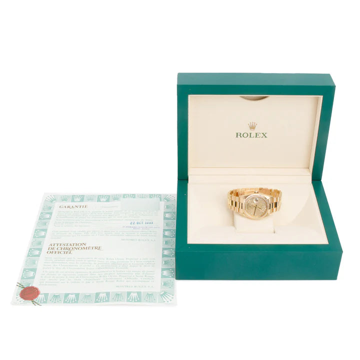 Rolex 18k Yellow Gold Day Date 36 MM President Watch Champagne Jubilee Diamond Dial 18238 w/ Box & Papers Item No: 69684