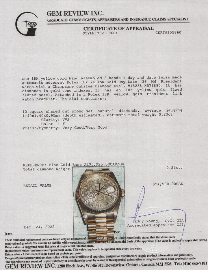 Rolex 18k Yellow Gold Day Date 36 MM President Watch Champagne Jubilee Diamond Dial 18238 w/ Box & Papers Item No: 69684